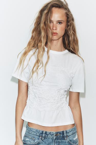 Zara SHORT SLEEVE RUCHED TOP - White