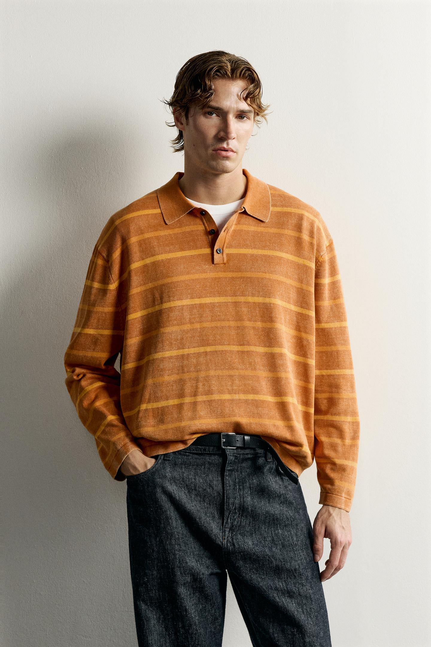 Мужское поло Zara Washed Striped Knit Polo, цвет: Оранжевый — фото 2