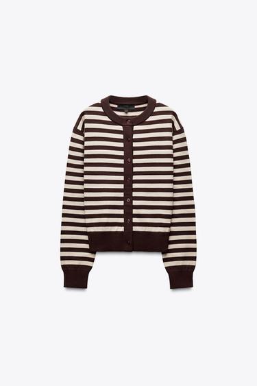 GILET COURT EN MAILLE À RAYURES - Marron / Écru de Zara - Image 3