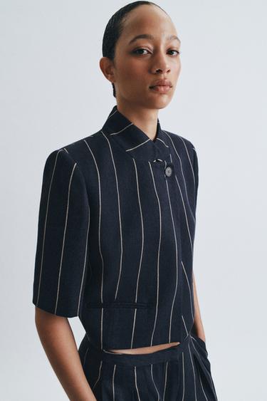 Zara STRIPED LINEN BLEND JACKET ZW COLLECTION - Navy blue