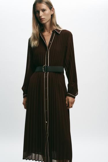 ROBE MIDI PLISSÉE CEINTURE - Marron de Zara - Image 1