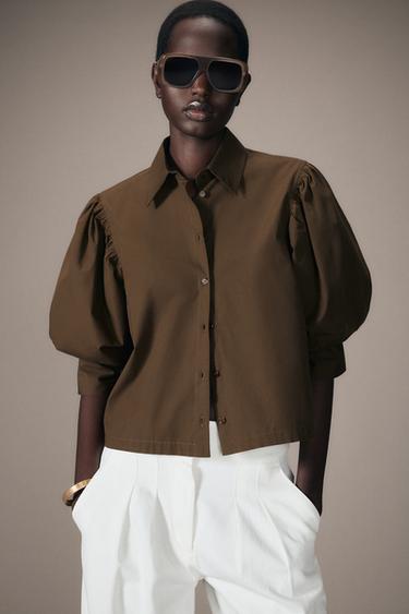 Zara PUFF SLEEVE POPLIN SHIRT ZW COLLECTION - Brown