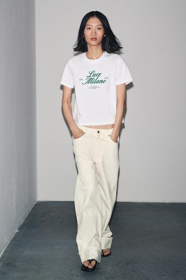 T-SHIRT MIT TEXT - Weiß / Grün von Zara
