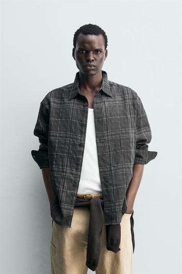 CHECK LINEN/COTTON SHIRT - Anthracite grey by Zara
