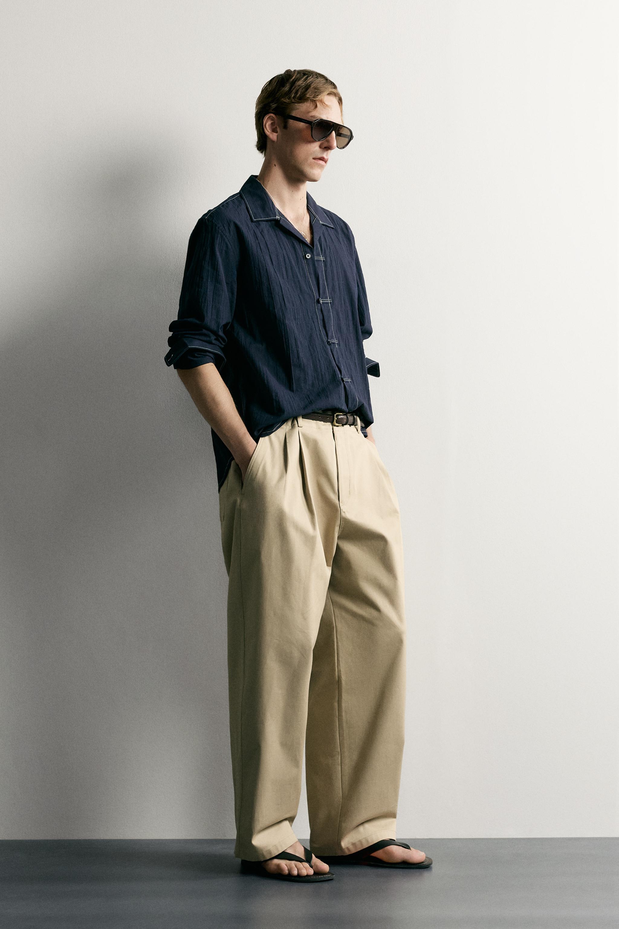 Мужские рубашки Zara TEXTURED RELAXED FIT SHIRT WITH FROG FASTENINGS — фото 4