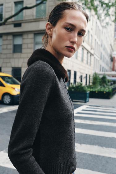 FAUX FUR LAPEL CARDIGAN - Anthracite grey by Zara - Image 1