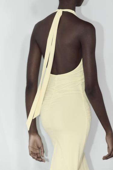 POLYAMIDE HALTER LONG DRESS - Pastel yellow by Zara - Image 3