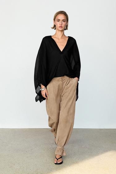 Zara Metallic detail polo collar flowing cape - Black - Image 0