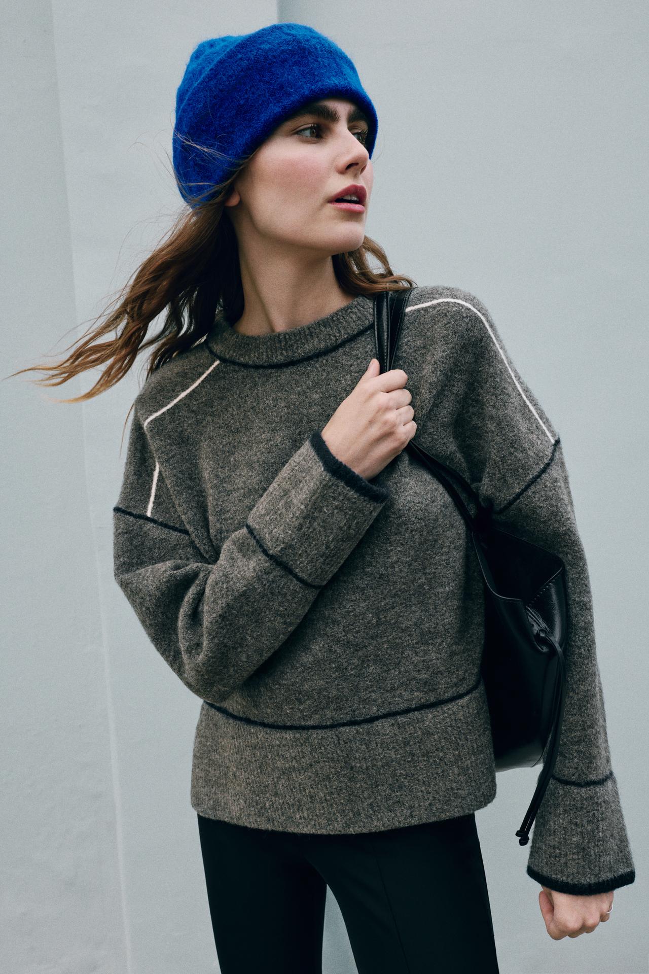 CONTRAST PIPING KNIT SWEATER — Mid-gray