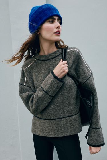 CONTRAST PIPING KNIT SWEATER — Mid-gray 1