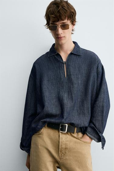DENIM COTTON-LINEN SHIRT - Mid-blue by Zara