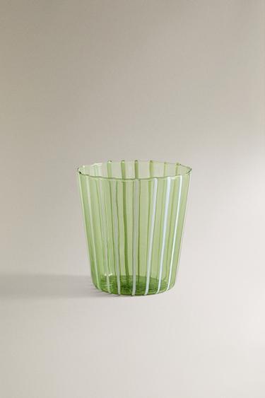 Zara STRIPED BOROSILICATE GLASS TUMBLER WITH LINES - Green - Image 0