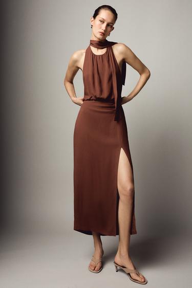 VESTIDO MIDI HALTER - Terracota de Zara