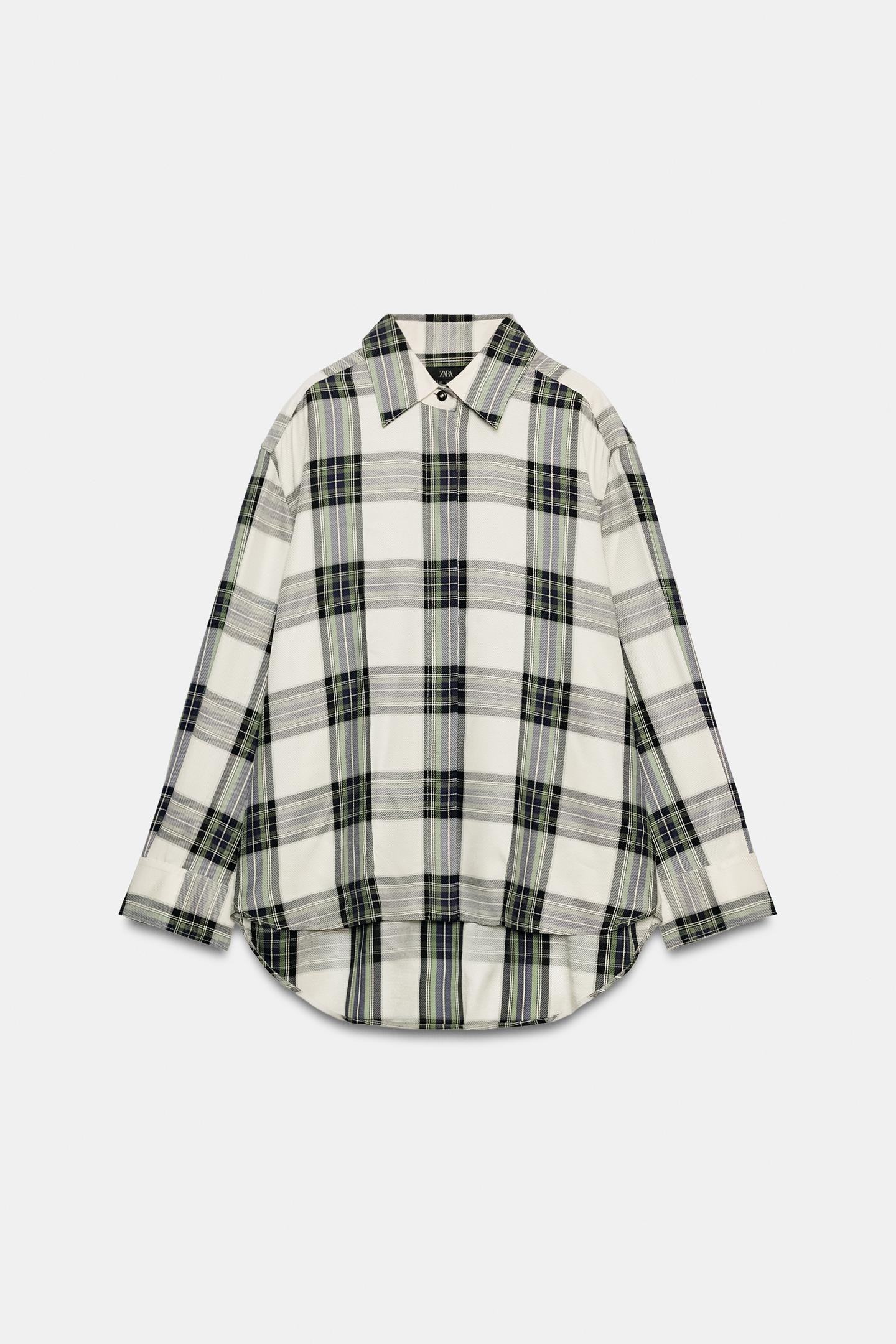Женская рубашка Zara ZW Collection Oversized Plaid, цвет: Экрю — фото 5