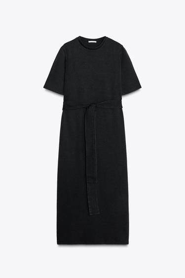 ROBE INTERLOCK LAVÉE AVEC CEINTURE - Charbon de Zara