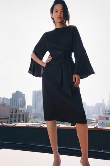 MIDI DRESS WITH LINEN BELT ZW COLLECTION - Blue by Zara