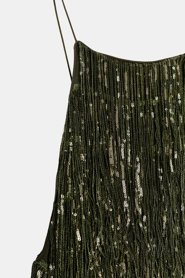 Zara ZW COLLECTION FRINGED SEQUIN DRESS - Green
