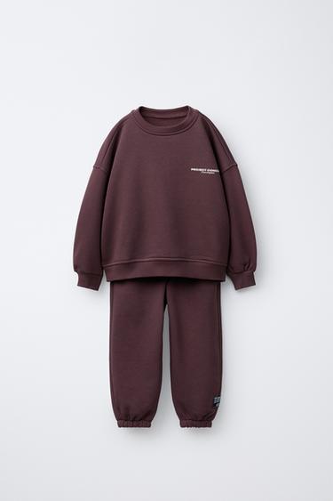 Zara 標語運動衫和慢跑褲套裝 - 勃艮第酒紅色