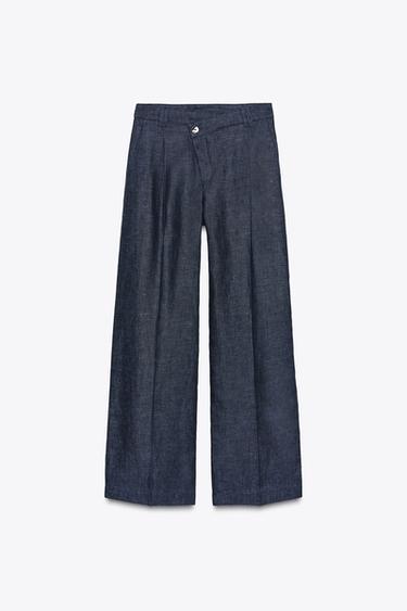 Zara 100% LINEN CROSS WAIST PANTS - Indigo