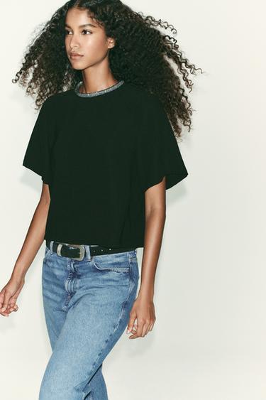 TOP WITH GLITTER NECK - Black by Zara - Image 3