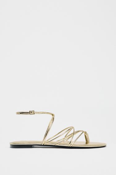 Zara GOLD STRAPPY FLAT SANDALS - Gold
