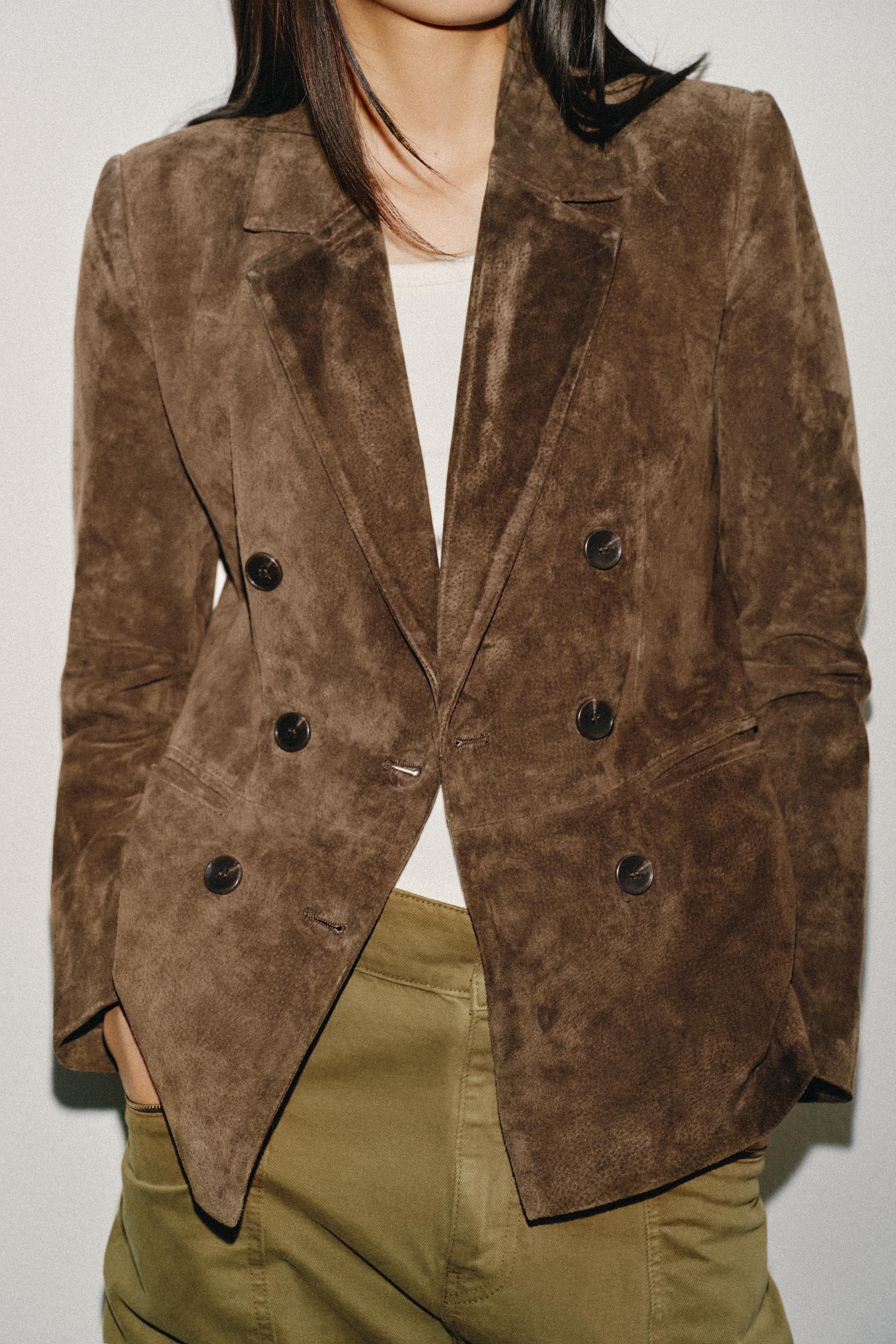 BLAZER À BOUTONNAGE CROISÉ 100% CUIR DAIM