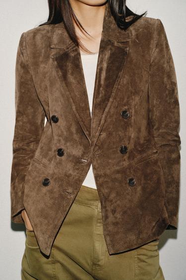 100% LEATHER SUEDE DOUBLE-BREASTED BLAZER - Khaki by Zara
