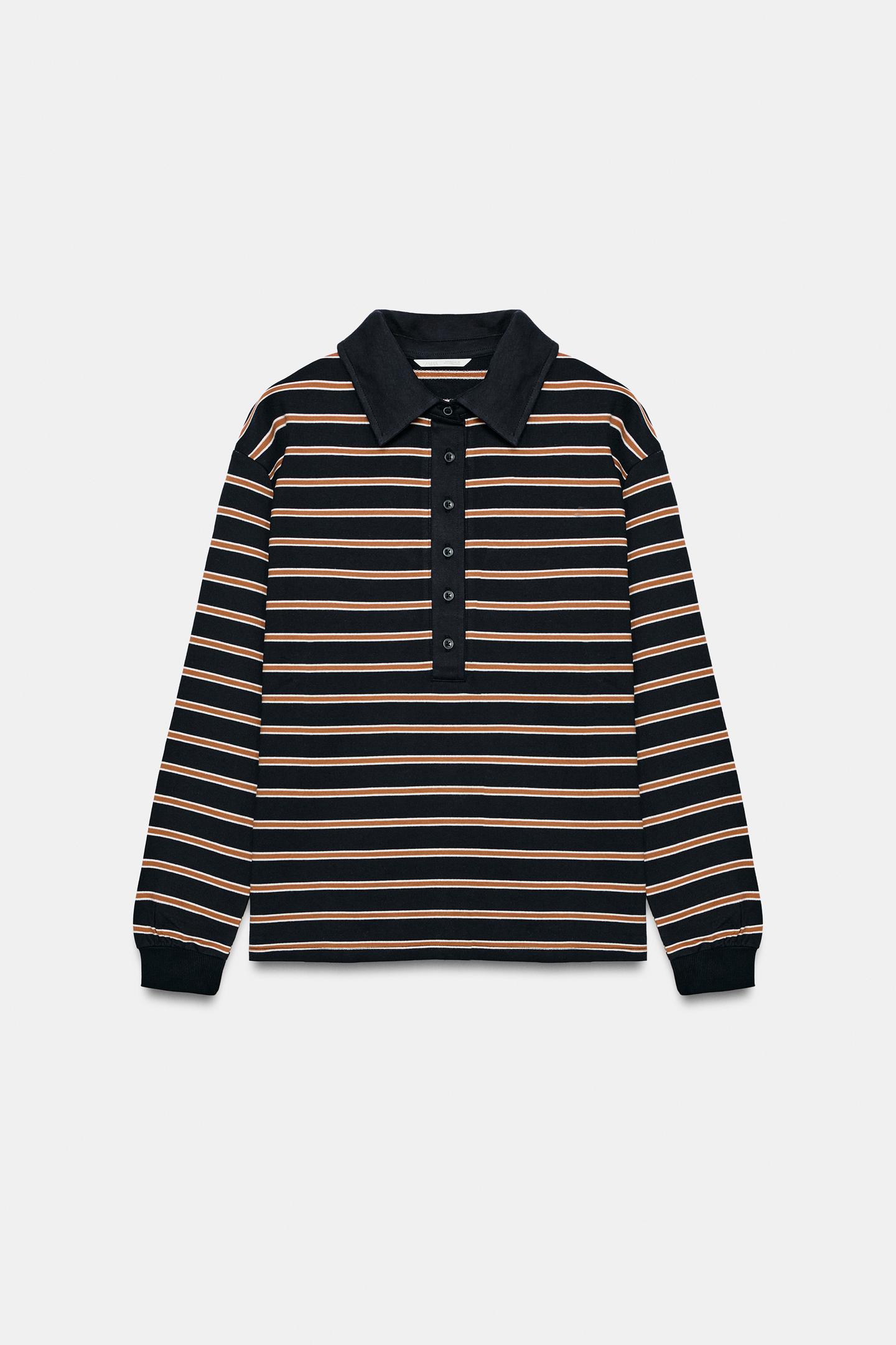 Женское поло Zara Striped Polo, цвет: Коричневый синий — фото 6