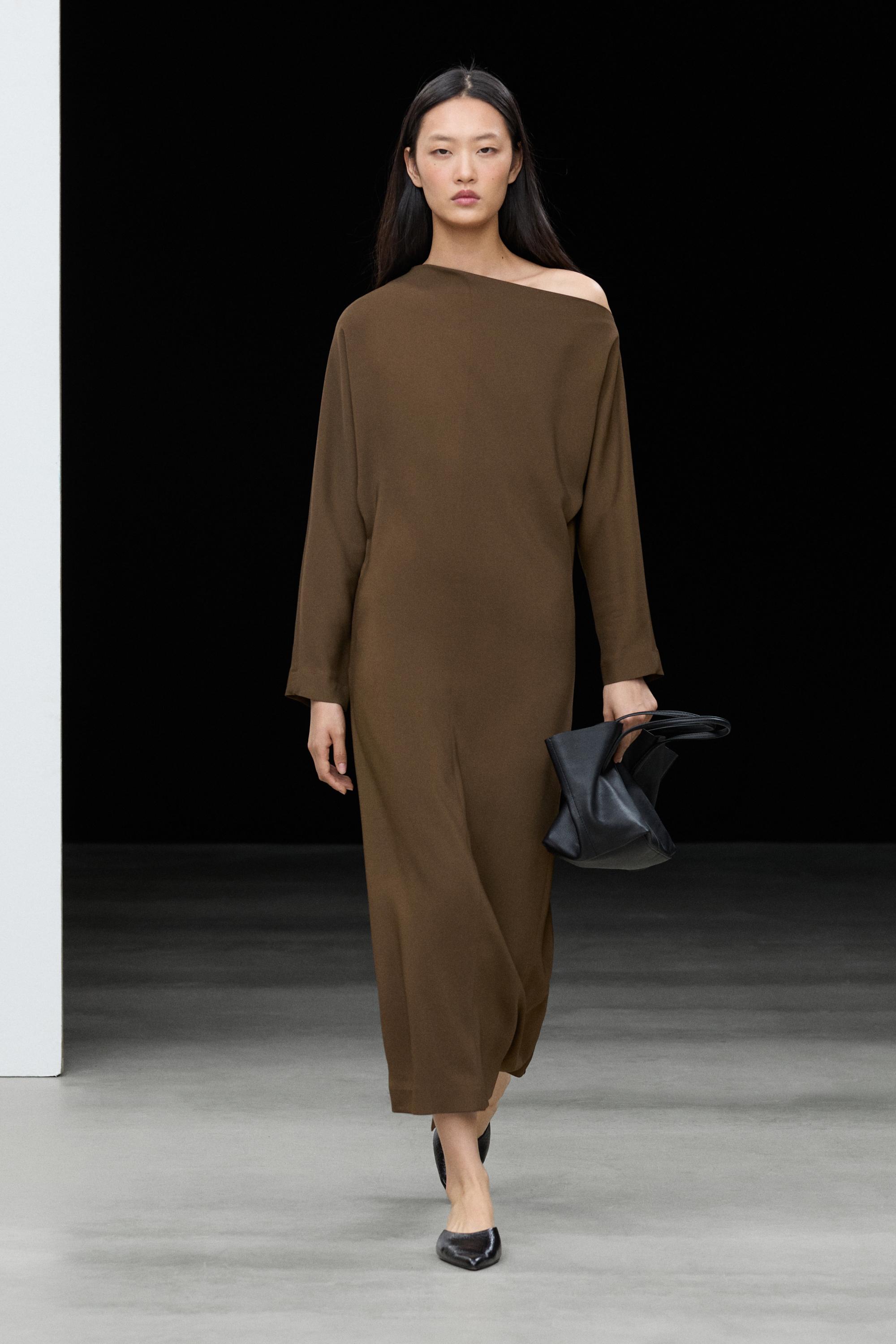Fluid midi dress with asymmetrical neckline