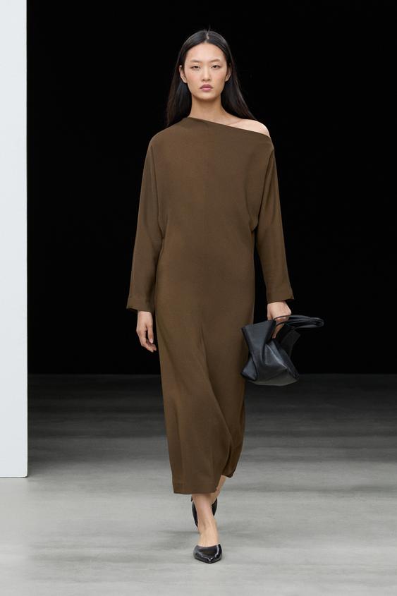 Zara Fluid midi dress with asymmetrical neckline - Brown - Image 0
