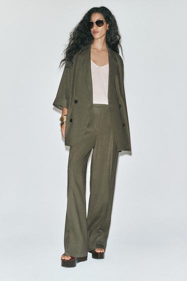 Zara LINEN BLEND WIDE LEG PANTS - Dark khaki