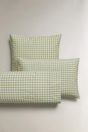 Zara COTTON CHECK PILLOWCASE - Khaki - Image 0