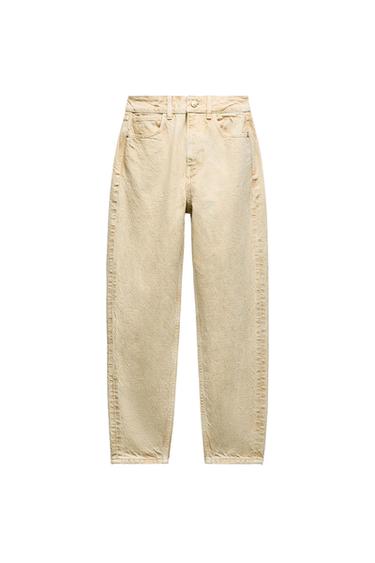 Straight-leg jeans in light beige with a washed texture, five-pocket design and high rise on a white background.