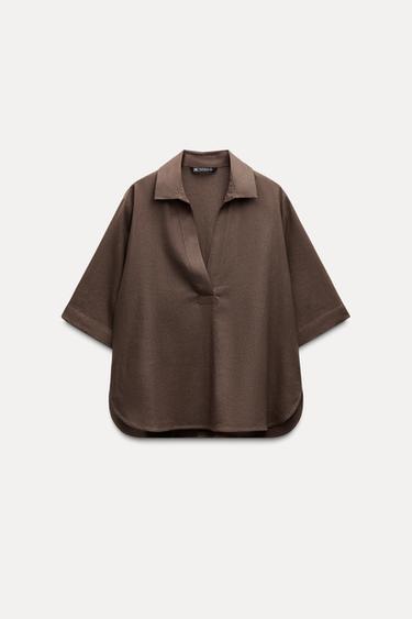 CAMISA CON LINO - Marrón de Zara