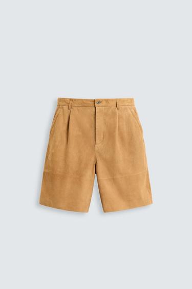 PLEATED SUEDE LEATHER BERMUDA SHORTS - Brown by Zara