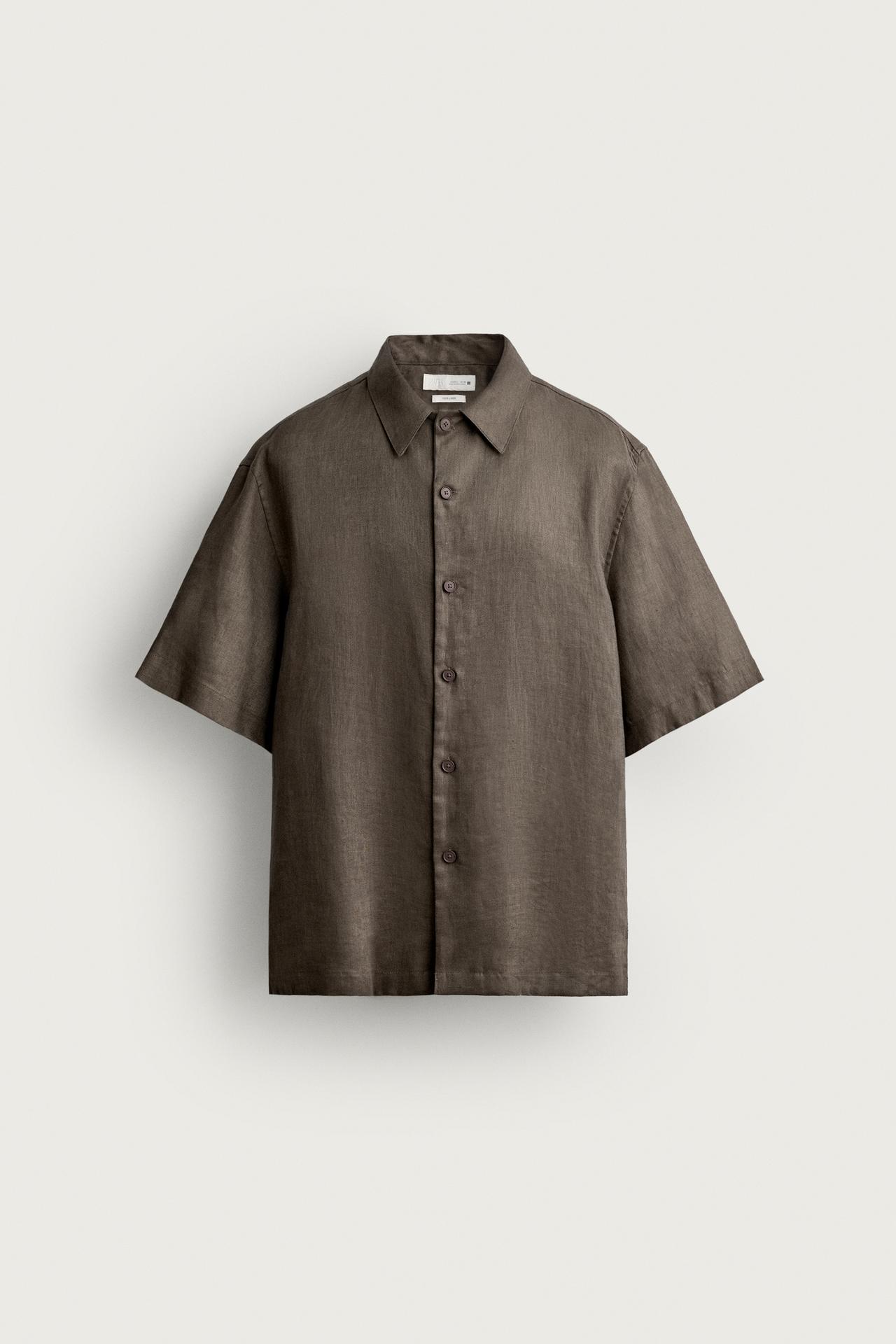 100% LINEN RELAXED FIT SHIRT — Brown / Taupe