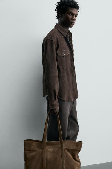 REGULAR FIT SUEDE LEATHER OVERSHIRT - Dark brown by Zara - Image 5