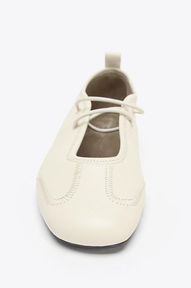 LEATHER TOPSTITCHED BALLERINAS - White by Zara - Image 2