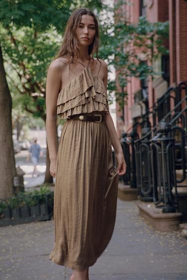 SATIN HALTER MIDI DRESS WITH BELT - Brown / Taupe by Zara
