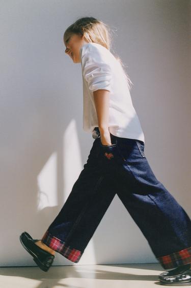 WIDE-LEG CHECKED TURN-UP JEANS WITH EMBROIDERY - Blue by Zara