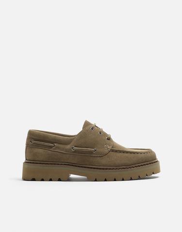 LEATHER DECK SHOES - Khaki Green by Zara