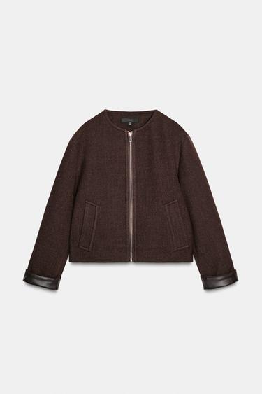 Zara SOFT FAUX LEATHER TRIM JACKET - Brown