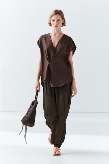 Zara Fluid linen blend crossover kimono - Brown - Image 0