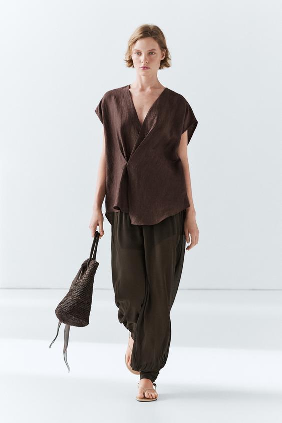 Zara Flowing linen blend wrap blouse - Brown - Image 0