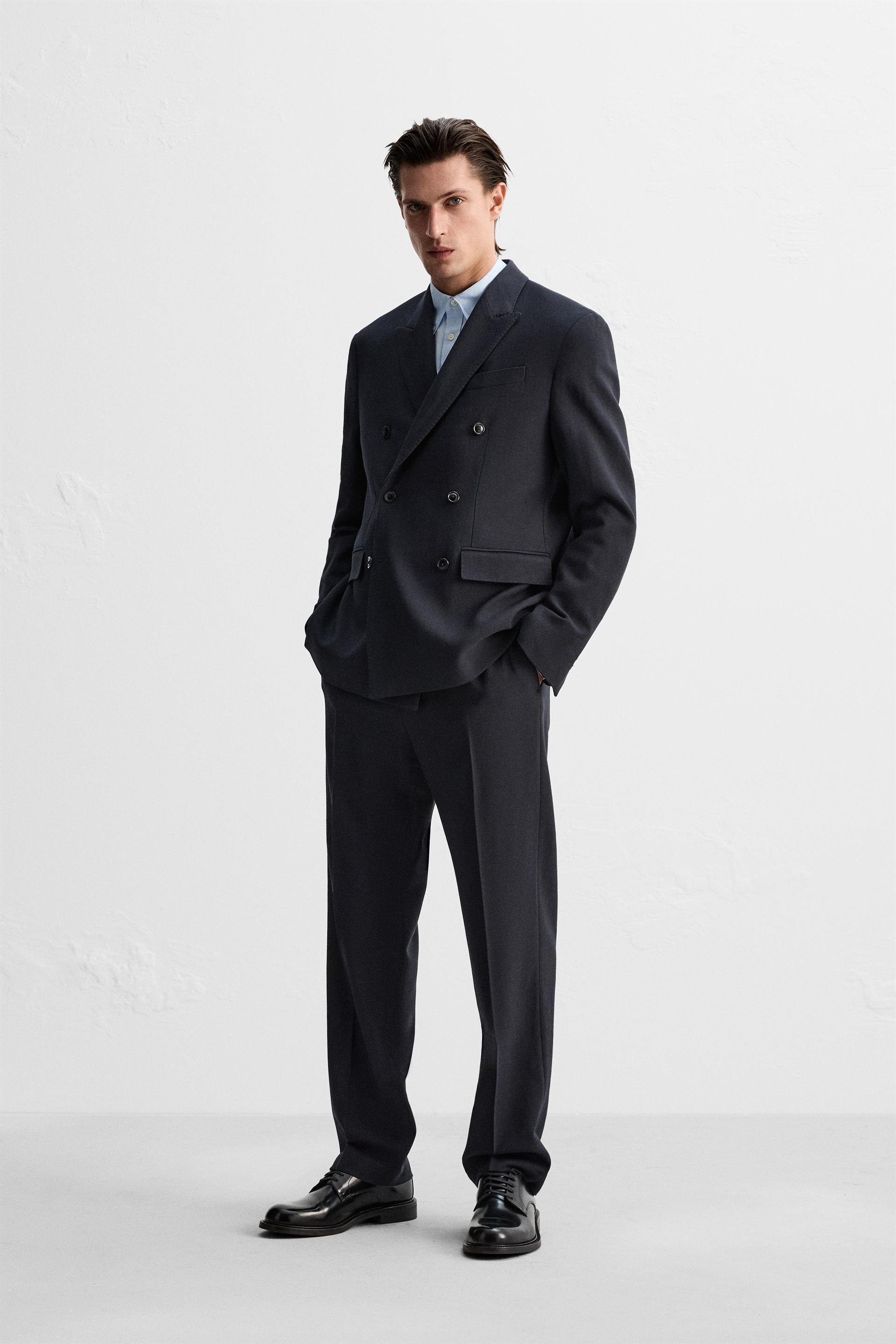 DOUBLE BREASTED HERRINGBONE SUIT JACKET Navy blue ZARA United States