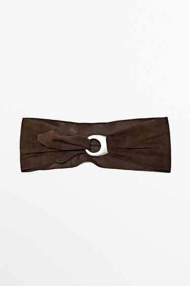 Zara Split suede leather belt with oval buckle - Chocolate - Image 0