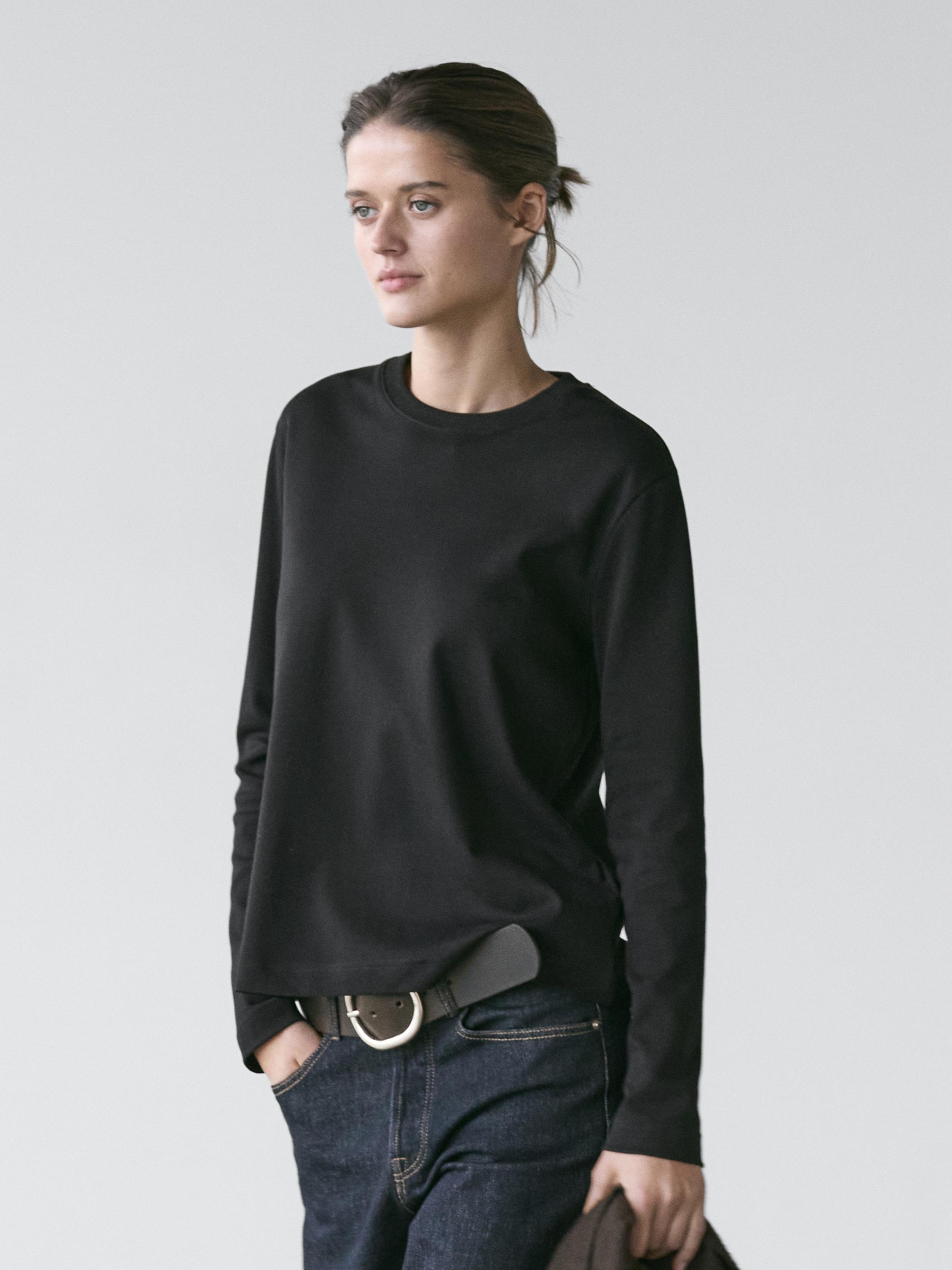 100% cotton interlock long sleeve T-shirt - Black | ZARA United States