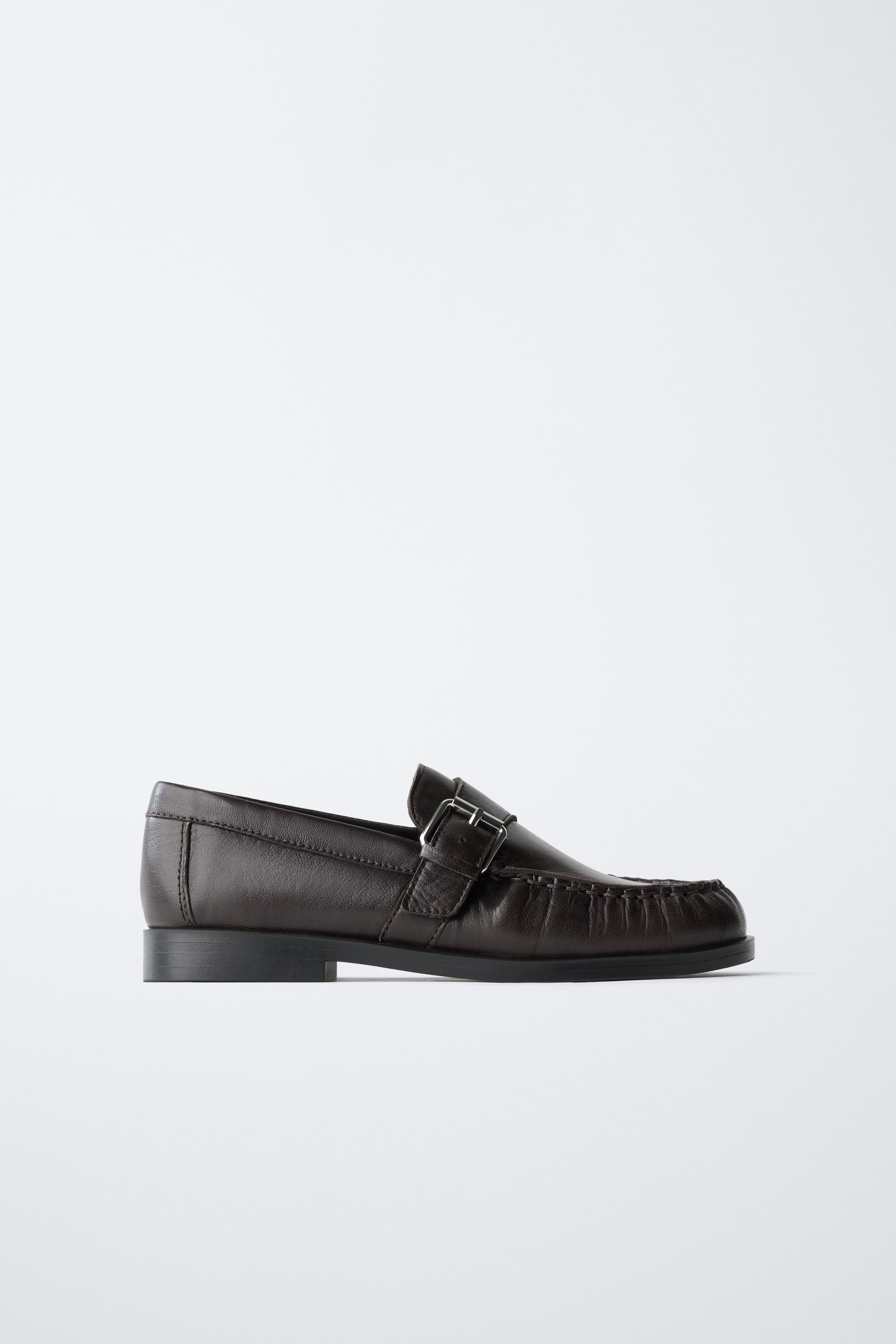 LEATHER BUCKLE LOAFERS — Brown