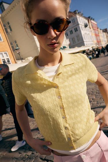GILET POLO EN MAILLE À MANCHES COURTES - Jaune de Zara - Image 3