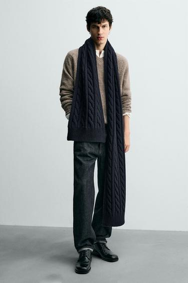 100% WOOL CABLE-KNIT SCARF - Navy blue by Zara - Image 0